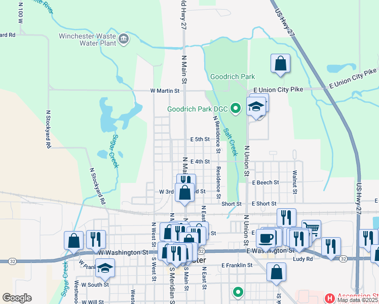 map of restaurants, bars, coffee shops, grocery stores, and more near 616 North Main Street in Winchester