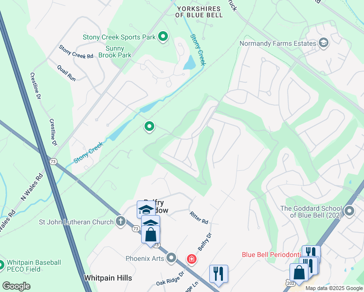 map of restaurants, bars, coffee shops, grocery stores, and more near 107 Shoal Creek Dr in Blue Bell