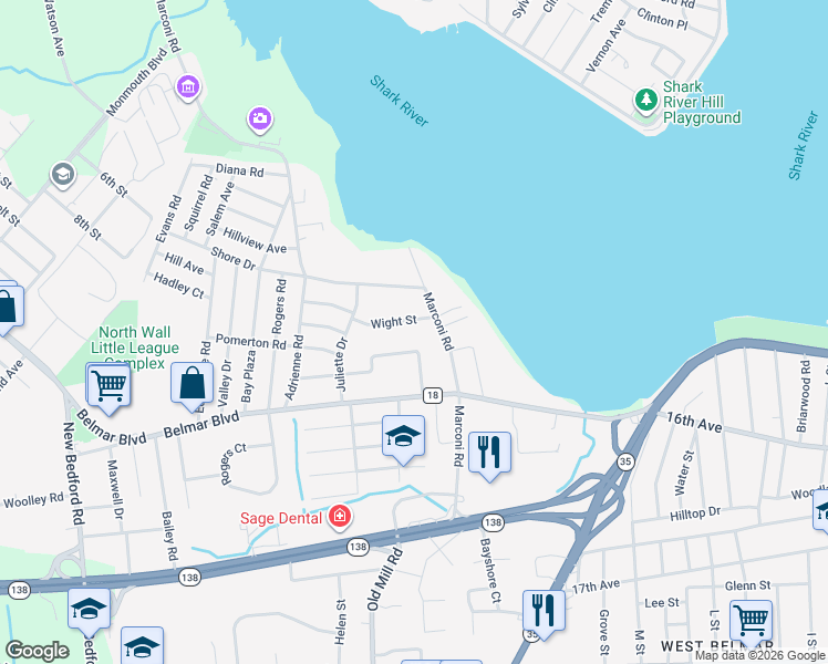 map of restaurants, bars, coffee shops, grocery stores, and more near 1607 Wight Street in Wall Township