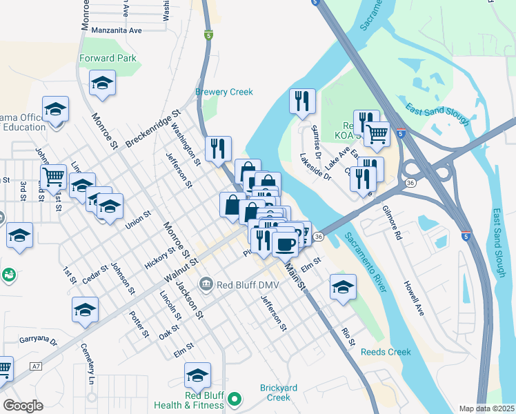 map of restaurants, bars, coffee shops, grocery stores, and more near 204 Walnut Street in Red Bluff