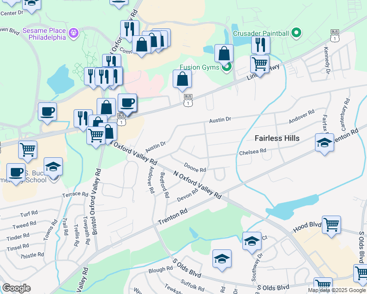 map of restaurants, bars, coffee shops, grocery stores, and more near 201 Chelsea Road in Fairless Hills
