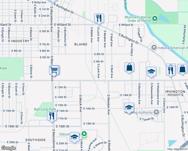 map of restaurants, bars, coffee shops, grocery stores, and more near 1804 South Ribble Avenue in Muncie