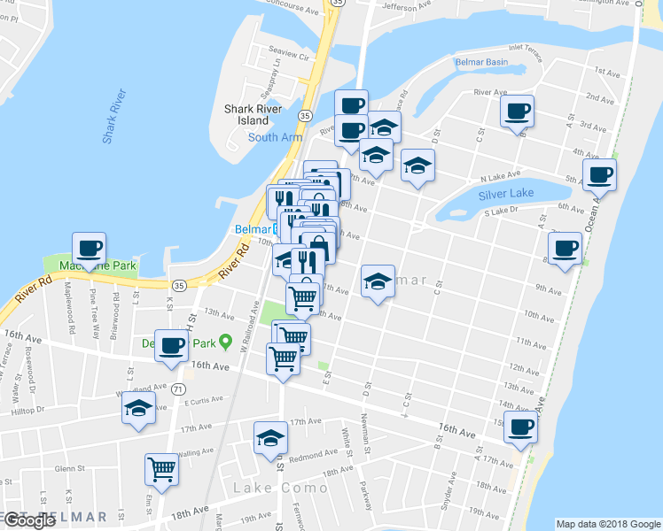 map of restaurants, bars, coffee shops, grocery stores, and more near 613 10th Avenue in Belmar