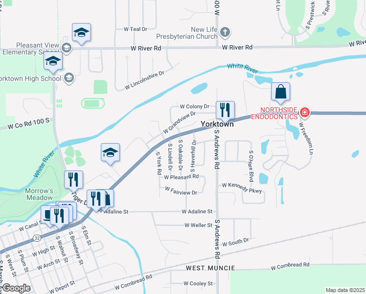 map of restaurants, bars, coffee shops, grocery stores, and more near 1604 South Oakdale Drive in Yorktown
