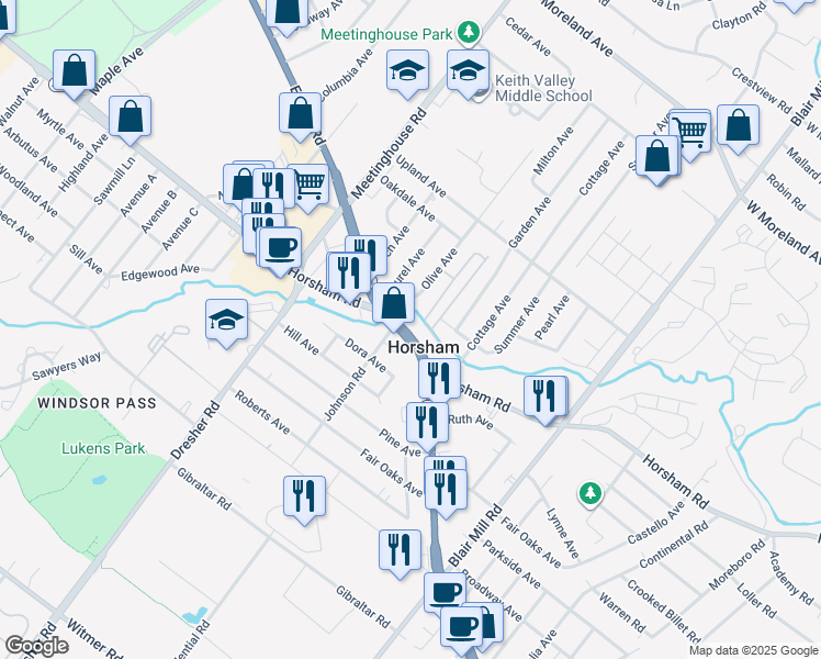 map of restaurants, bars, coffee shops, grocery stores, and more near 368 Horsham Road in Horsham