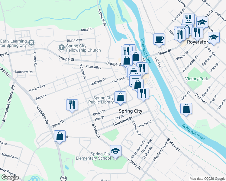 map of restaurants, bars, coffee shops, grocery stores, and more near 249 New Street in Spring City