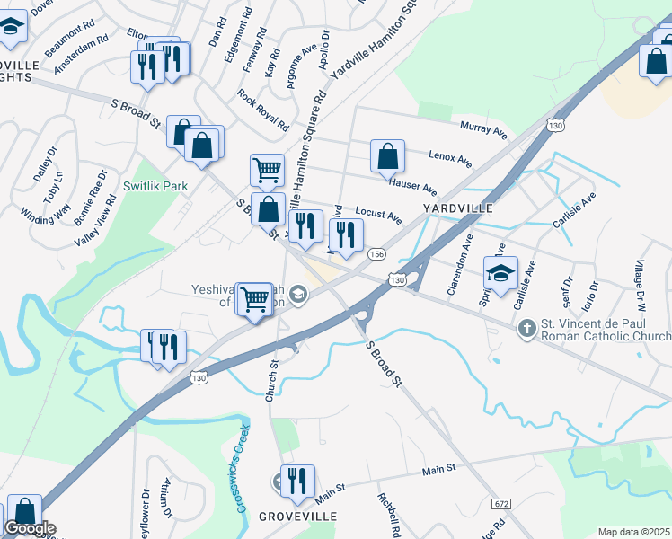 map of restaurants, bars, coffee shops, grocery stores, and more near 75 Yardville Allentown Road in Hamilton Township