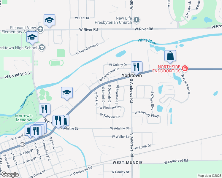 map of restaurants, bars, coffee shops, grocery stores, and more near 1604 South Oakdale Drive in Yorktown