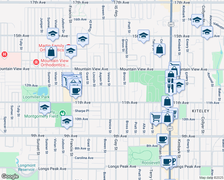 map of restaurants, bars, coffee shops, grocery stores, and more near 1142 Venice Street in Longmont