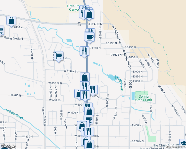 map of restaurants, bars, coffee shops, grocery stores, and more near 850 North Main Street in Springville
