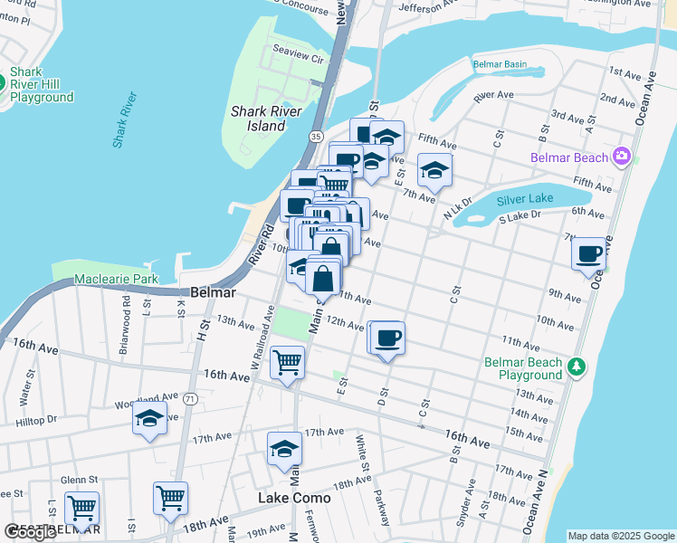 map of restaurants, bars, coffee shops, grocery stores, and more near 613 10th Avenue in Belmar