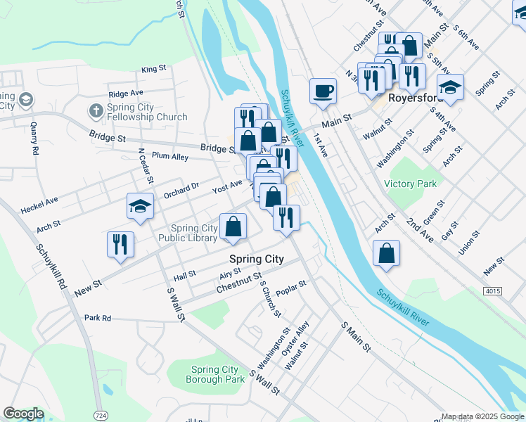 map of restaurants, bars, coffee shops, grocery stores, and more near 64 North Main Street in Spring City