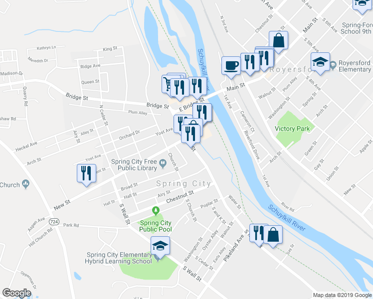 map of restaurants, bars, coffee shops, grocery stores, and more near 64 North Main Street in Spring City