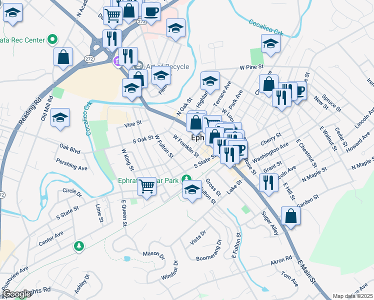 map of restaurants, bars, coffee shops, grocery stores, and more near 116 West Franklin Street in Ephrata