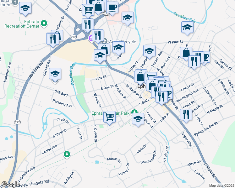 map of restaurants, bars, coffee shops, grocery stores, and more near 120 West Fulton Street in Ephrata