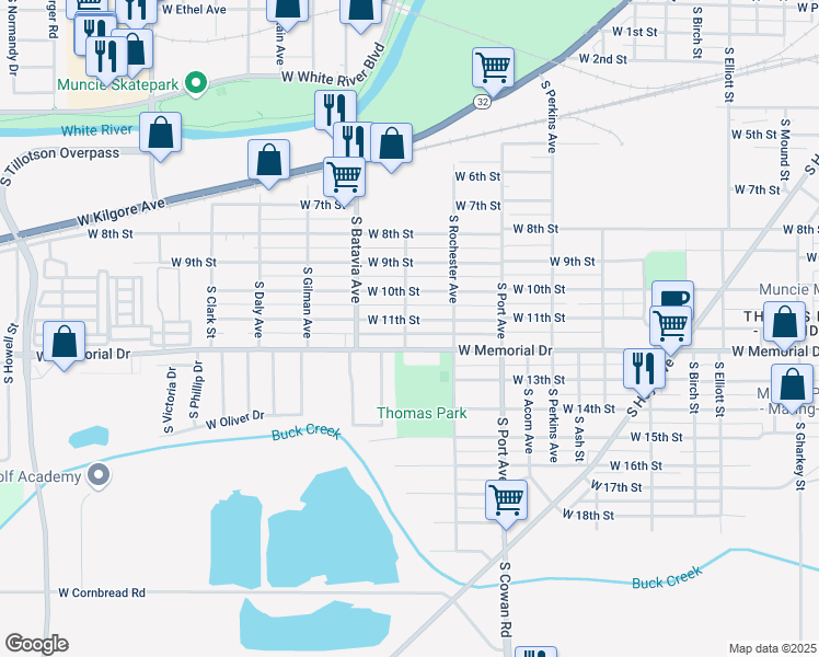 map of restaurants, bars, coffee shops, grocery stores, and more near 1945 West 11th Street in Muncie