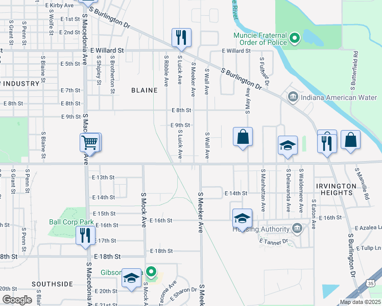 map of restaurants, bars, coffee shops, grocery stores, and more near 1813 South Meeker Avenue in Muncie