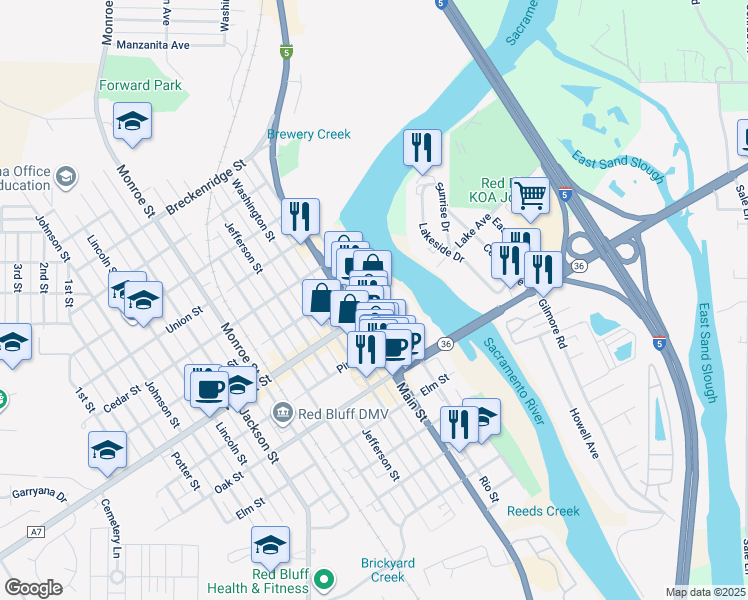 map of restaurants, bars, coffee shops, grocery stores, and more near 204 Walnut Street in Red Bluff