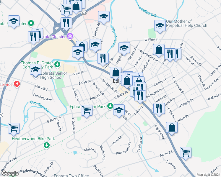 map of restaurants, bars, coffee shops, grocery stores, and more near 116 West Franklin Street in Ephrata