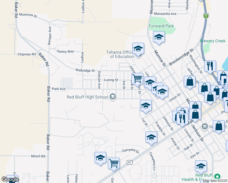 map of restaurants, bars, coffee shops, grocery stores, and more near 1345 4th Street in Red Bluff