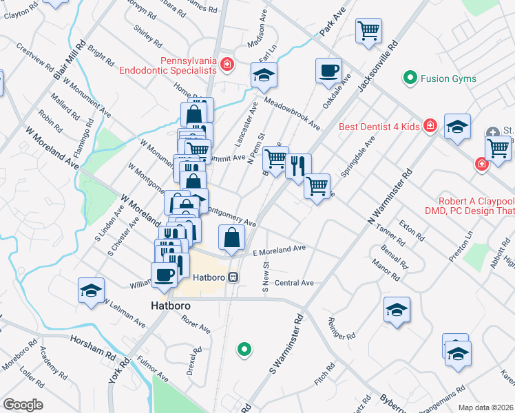 map of restaurants, bars, coffee shops, grocery stores, and more near 114 North Penn Street in Hatboro