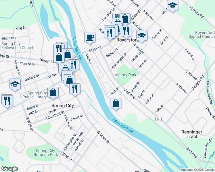 map of restaurants, bars, coffee shops, grocery stores, and more near 4107 Diamond Place in Royersford
