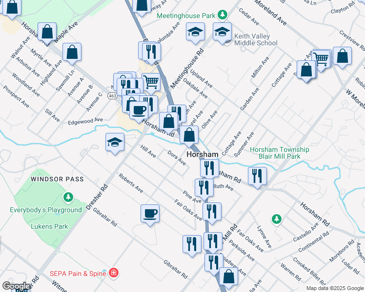 map of restaurants, bars, coffee shops, grocery stores, and more near 402 Johnson Avenue in Horsham