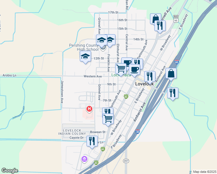 map of restaurants, bars, coffee shops, grocery stores, and more near 865 Franklin Avenue in Lovelock