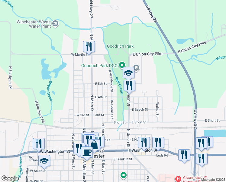 map of restaurants, bars, coffee shops, grocery stores, and more near 616 North Residence Street in Winchester