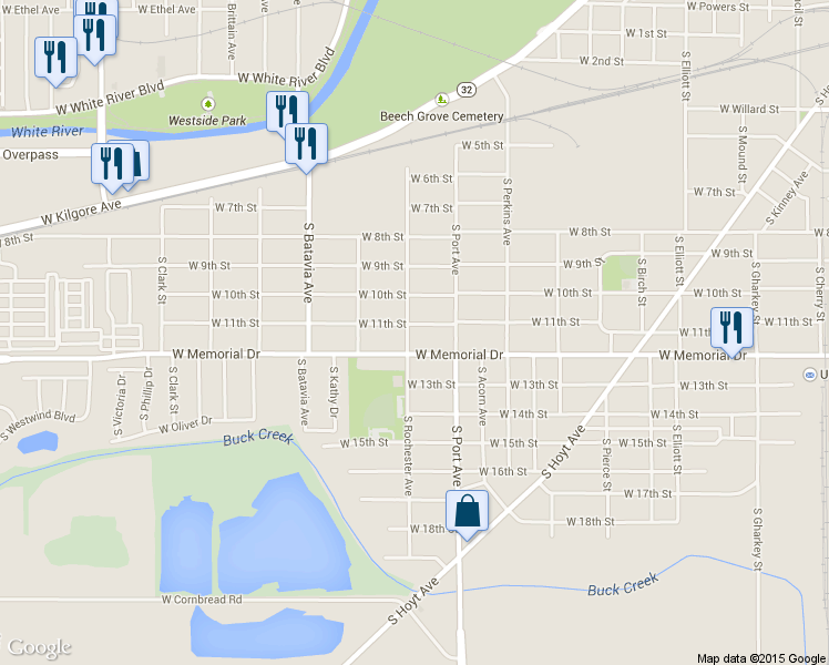 map of restaurants, bars, coffee shops, grocery stores, and more near 1817 West 11th Street in Muncie