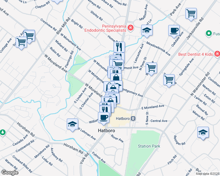 map of restaurants, bars, coffee shops, grocery stores, and more near 51 North York Road in Hatboro