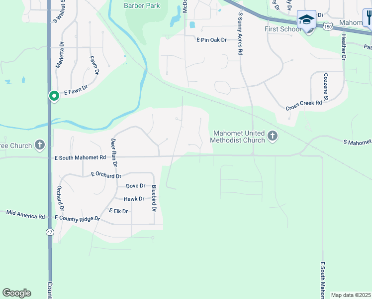 map of restaurants, bars, coffee shops, grocery stores, and more near 903 Woodview Court in Mahomet