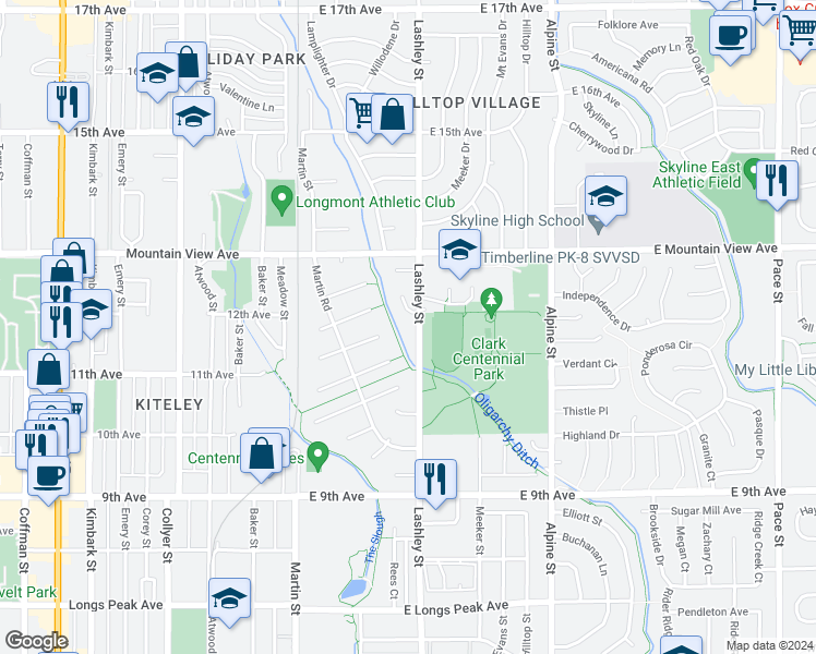map of restaurants, bars, coffee shops, grocery stores, and more near 1117 Lashley Street in Longmont