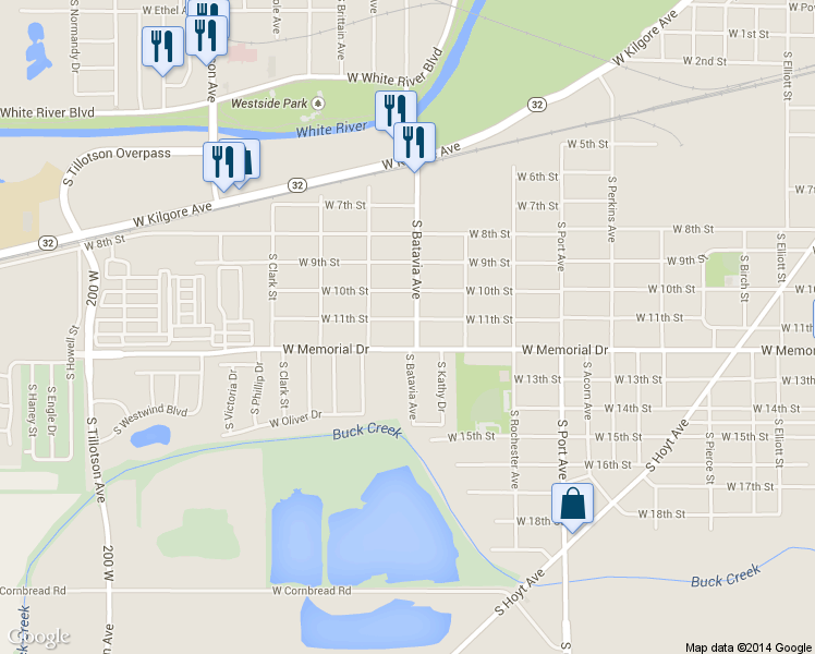 map of restaurants, bars, coffee shops, grocery stores, and more near 2205 West 11th Street in Muncie