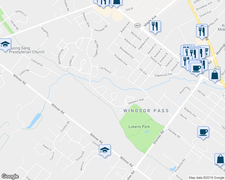 map of restaurants, bars, coffee shops, grocery stores, and more near 467 Brown Briar Circle in Horsham