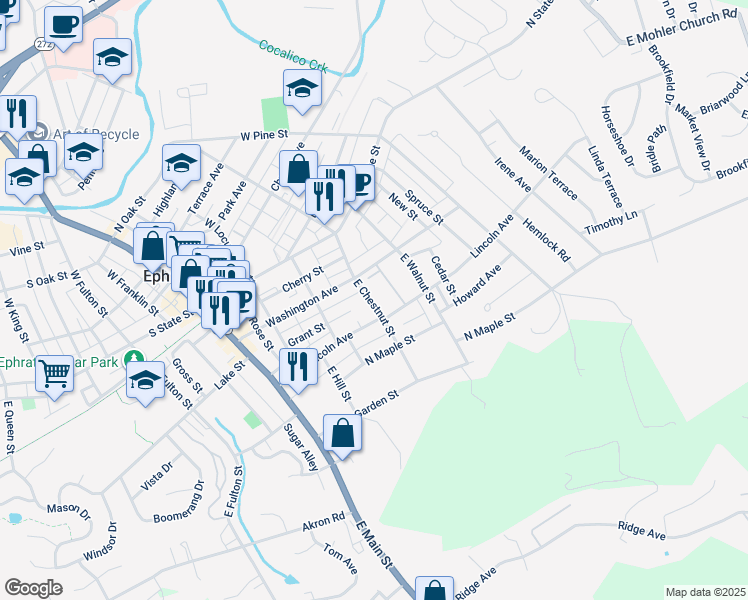 map of restaurants, bars, coffee shops, grocery stores, and more near 136 East Chestnut Street in Ephrata