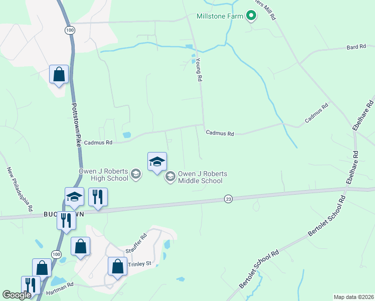 map of restaurants, bars, coffee shops, grocery stores, and more near 2126 Robin Lane in Pottstown