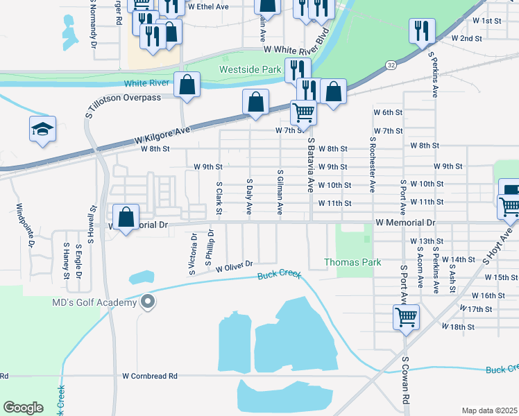 map of restaurants, bars, coffee shops, grocery stores, and more near 2409 West 11th Street in Muncie
