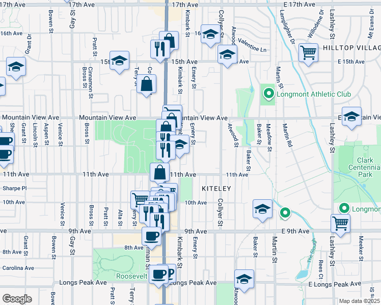 map of restaurants, bars, coffee shops, grocery stores, and more near 1139 Emery Street in Longmont