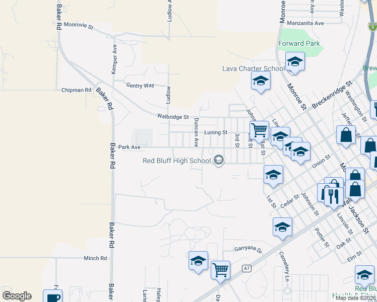 map of restaurants, bars, coffee shops, grocery stores, and more near 1735 Park Avenue in Red Bluff