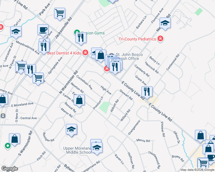 map of restaurants, bars, coffee shops, grocery stores, and more near 514 Preston Lane in Hatboro