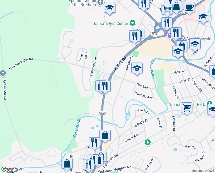 map of restaurants, bars, coffee shops, grocery stores, and more near 13 Crystal Avenue in Ephrata