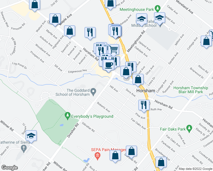 map of restaurants, bars, coffee shops, grocery stores, and more near 409 Dresher Road in Horsham