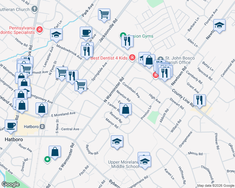 map of restaurants, bars, coffee shops, grocery stores, and more near 212 North Warminster Road in Hatboro