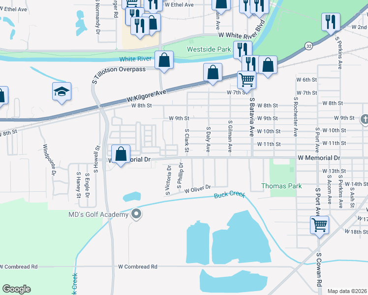 map of restaurants, bars, coffee shops, grocery stores, and more near 1805 South Clark Street in Muncie
