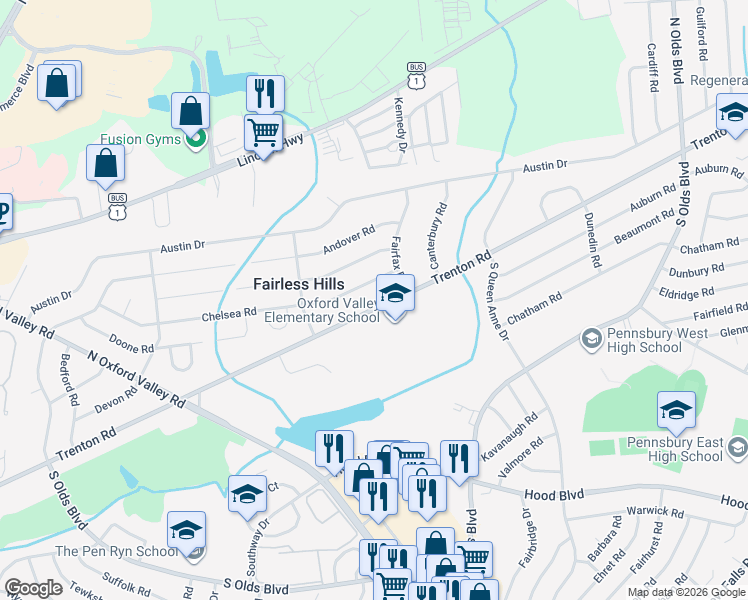 map of restaurants, bars, coffee shops, grocery stores, and more near 431 Trenton Road in Fairless Hills