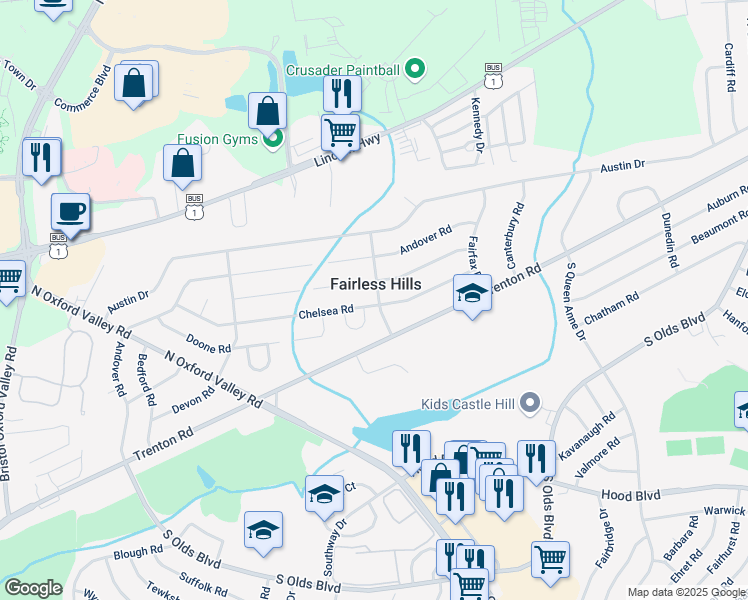 map of restaurants, bars, coffee shops, grocery stores, and more near 375 Chelsea Road in Fairless Hills