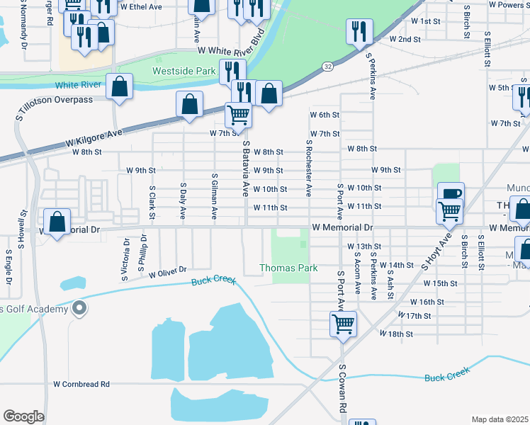 map of restaurants, bars, coffee shops, grocery stores, and more near 2017 West 11th Street in Muncie