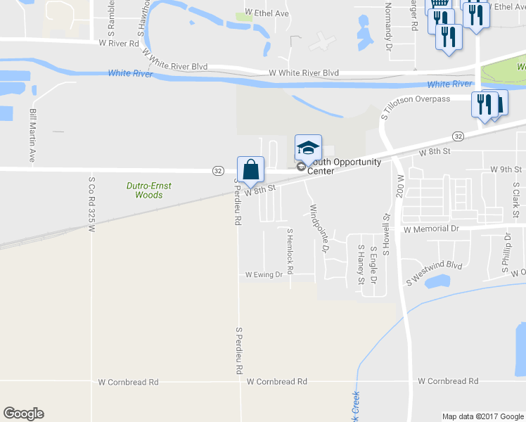 map of restaurants, bars, coffee shops, grocery stores, and more near 1809 South Spruce Street in Muncie