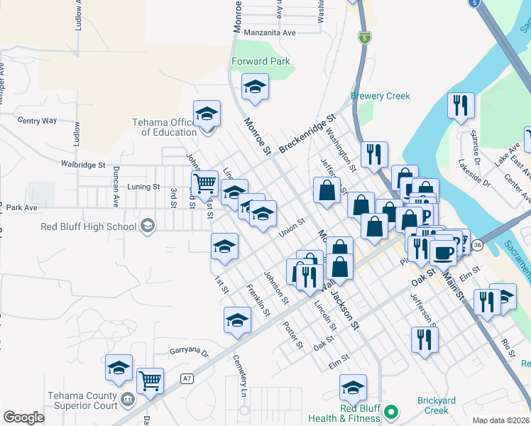 map of restaurants, bars, coffee shops, grocery stores, and more near 836 Crittenden Street in Red Bluff